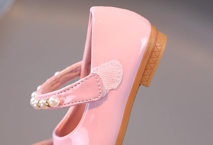 Girls' Leather Shoes Pearl Buckle Soft Bottom