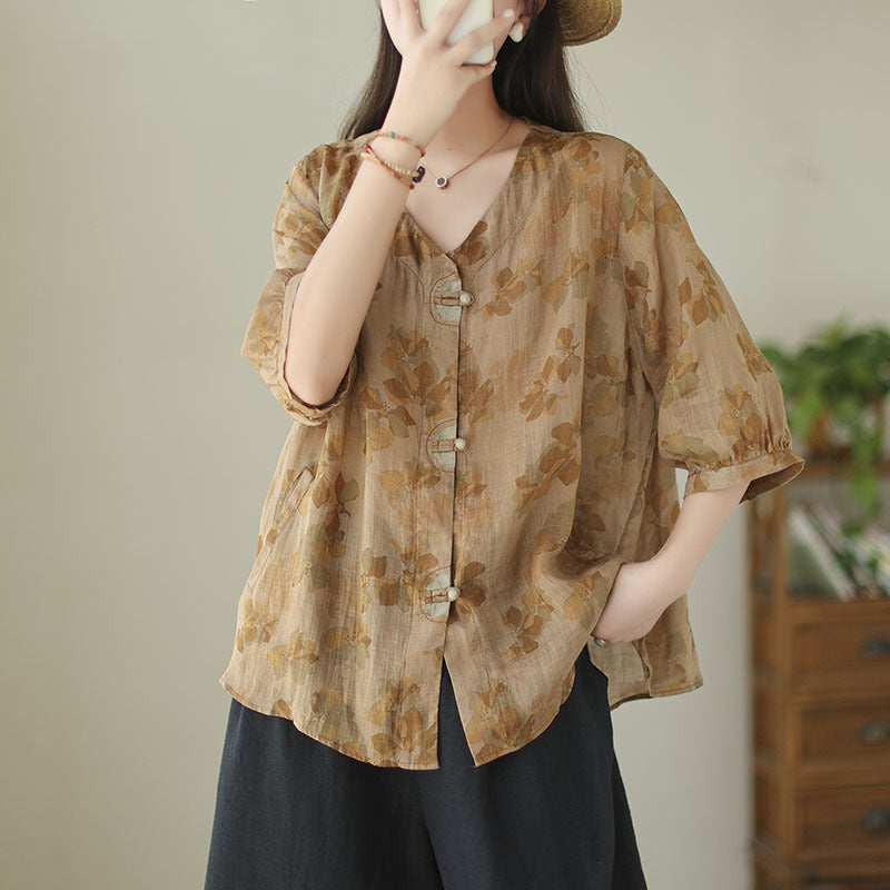 Women's Fashionable Simple Ramie Printed Shirt Top