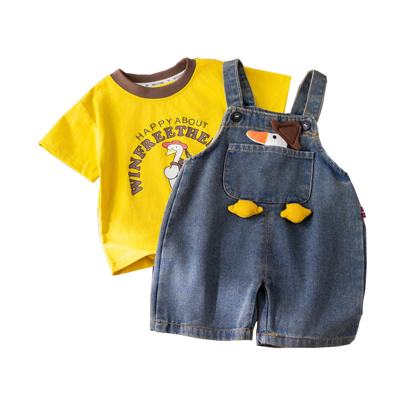 Kids Cartoon Denim Suspenders Shorts Set