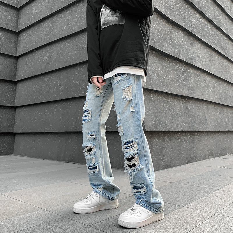 Men's Straight Leg Ripped Denim Jeans