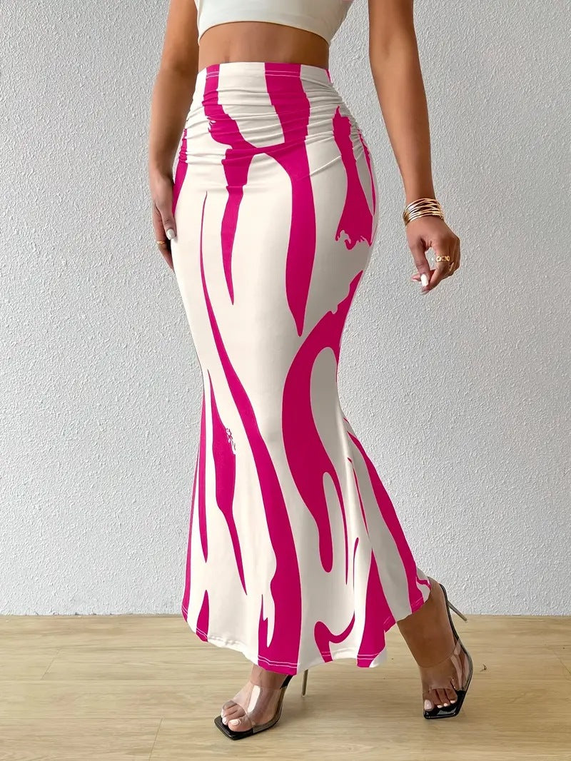 Zebra Print High Waist Fishtail Denim Skirt