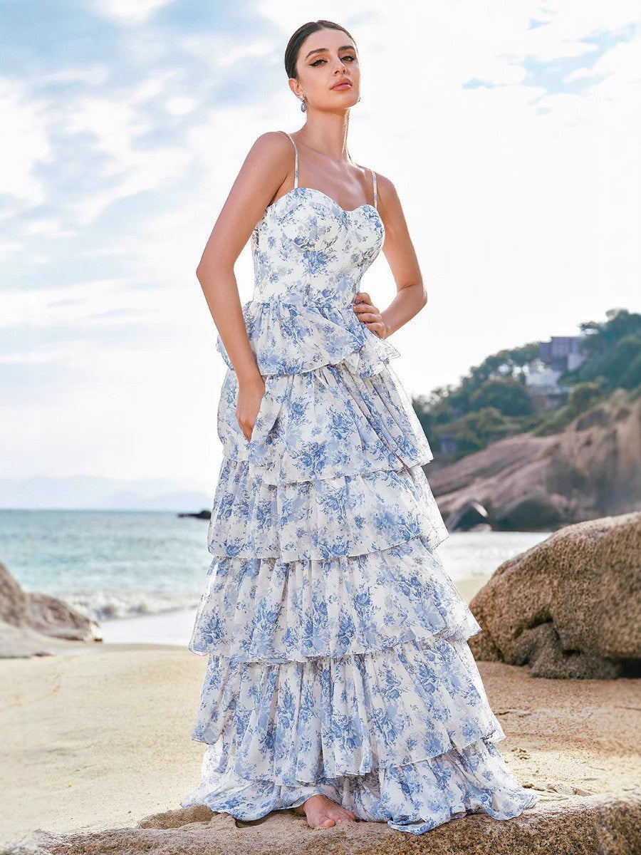 Floral Print Chiffon Dress with Tie Waist