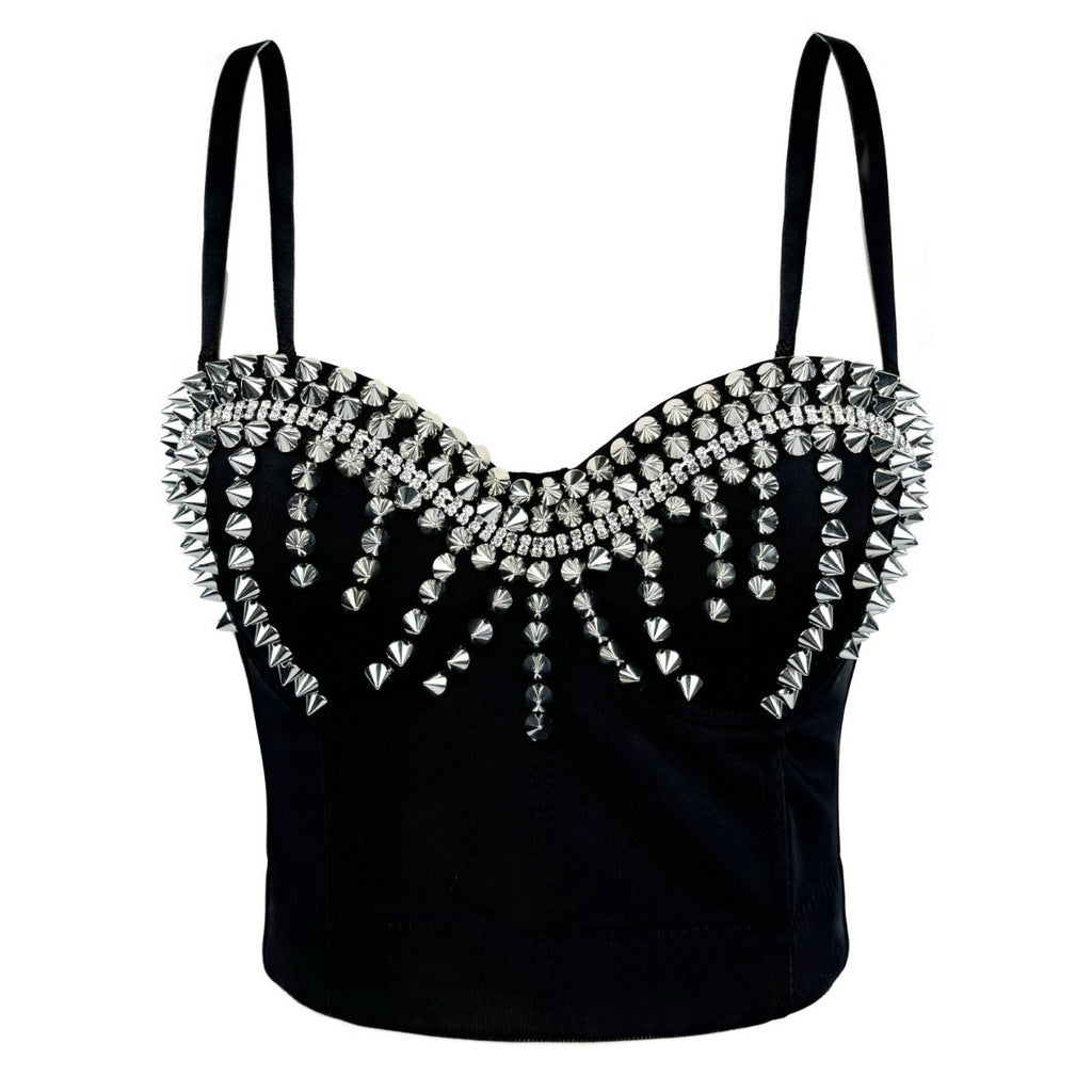 Sleek Edgy Outerwear Top With Exposed Midriff And Decorative Rivets