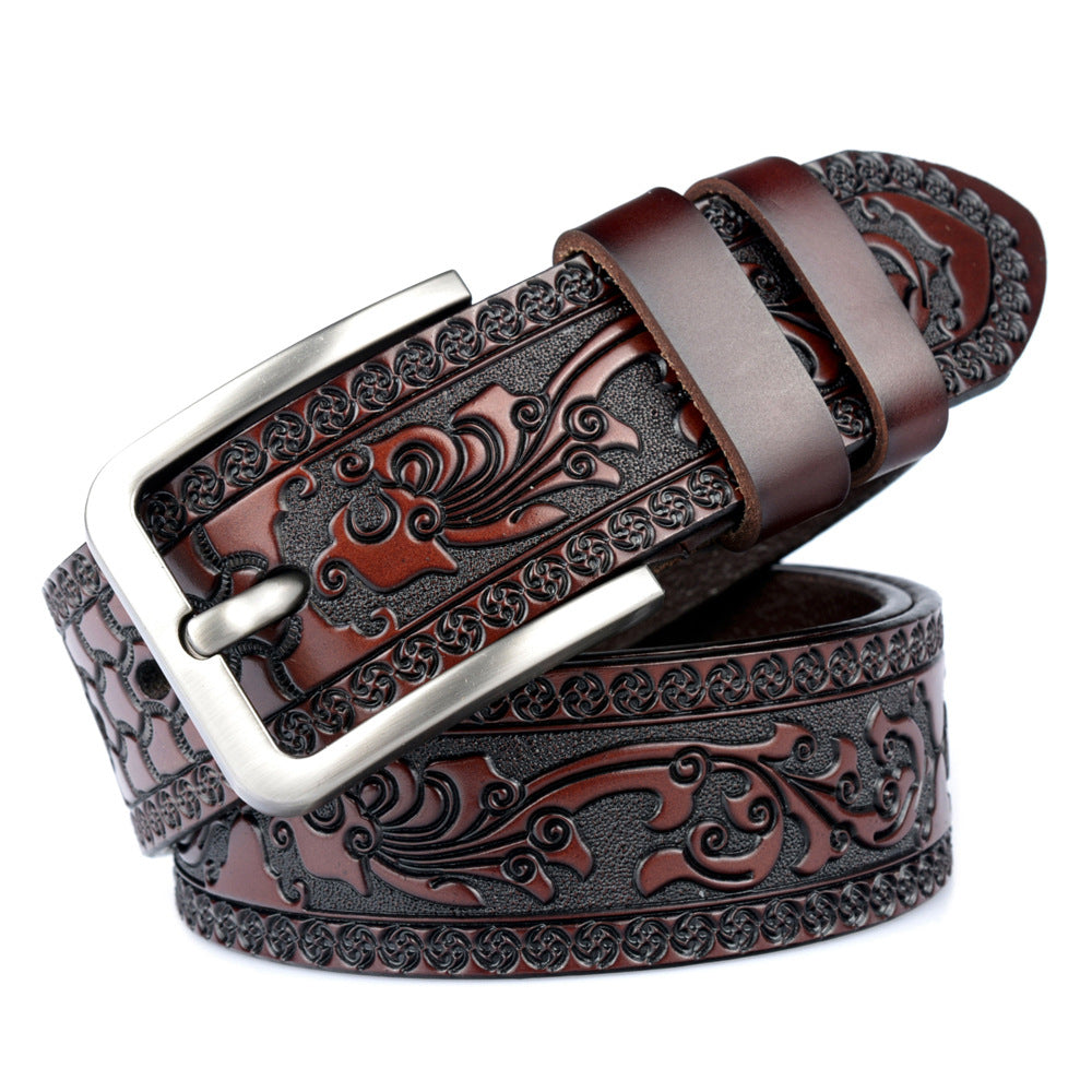 Carved Leather Belt for Men with Alloy Buckle