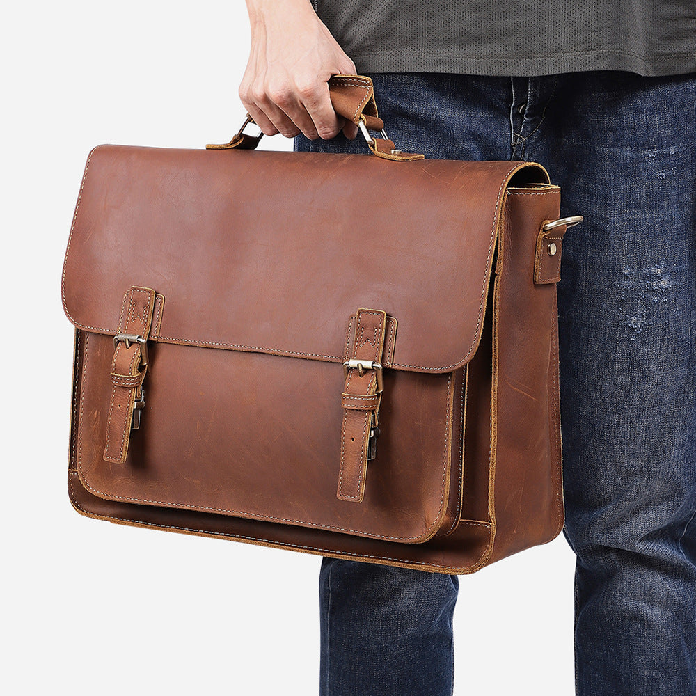 Retro Genuine Leather Briefcase for Men 17 Inch Business Handbag