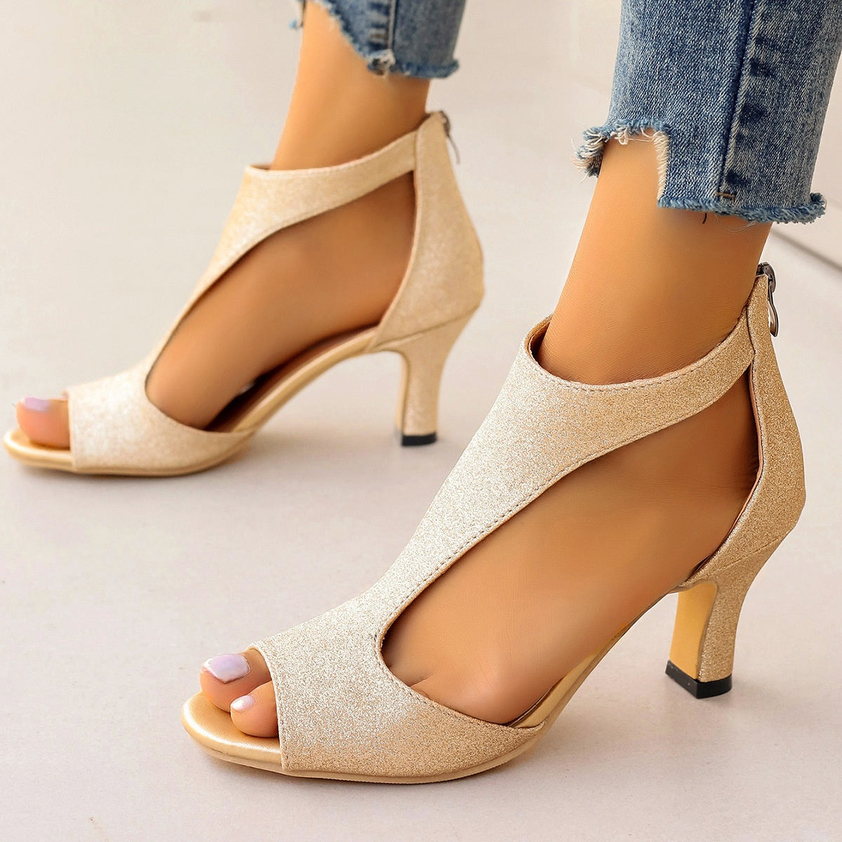 Women's High Heeled Fish Mouth Sandals with Zipper Closure - Summer Dressy Open Toe Footwear