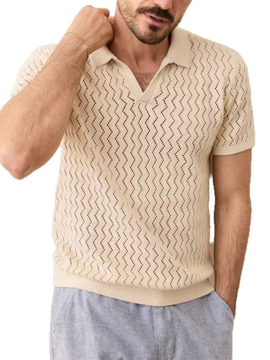 Mens Breathable Hollow Knit Polo Shirt
