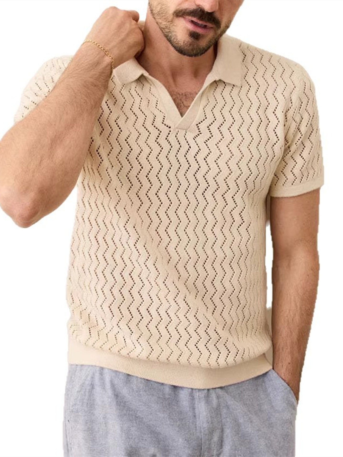 Mens Breathable Hollow Knit Polo Shirt