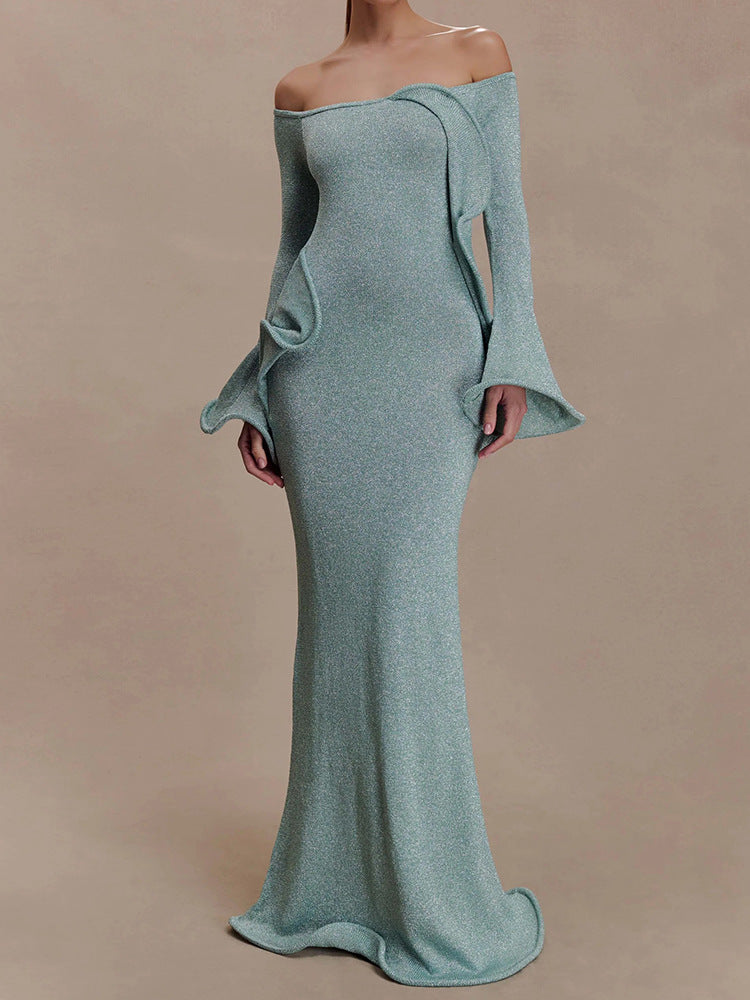 Off-Shoulder Fishtail Dress with Bell Sleeves
