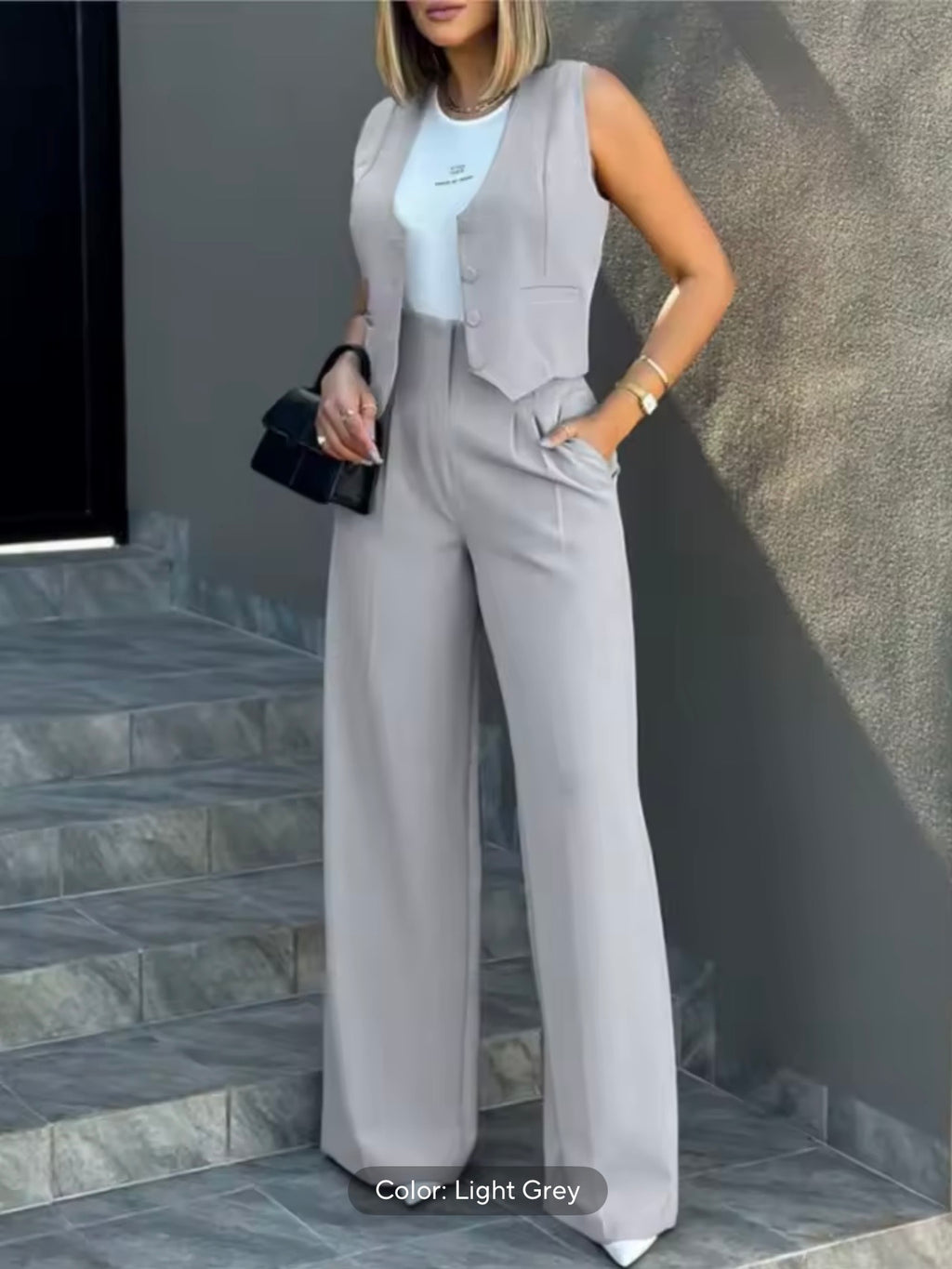 Pants Sets Women Vest Trousers Suit Elegant Baggy Regular Work Suit Seeveless High Waist Wide Leg Pants 2 Piece Sets Streetwear