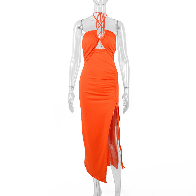 Sexy Halter neck Lace-up Split Dress Summer Y2K Fashion Party Baech Long Dresses For Womens Clothing