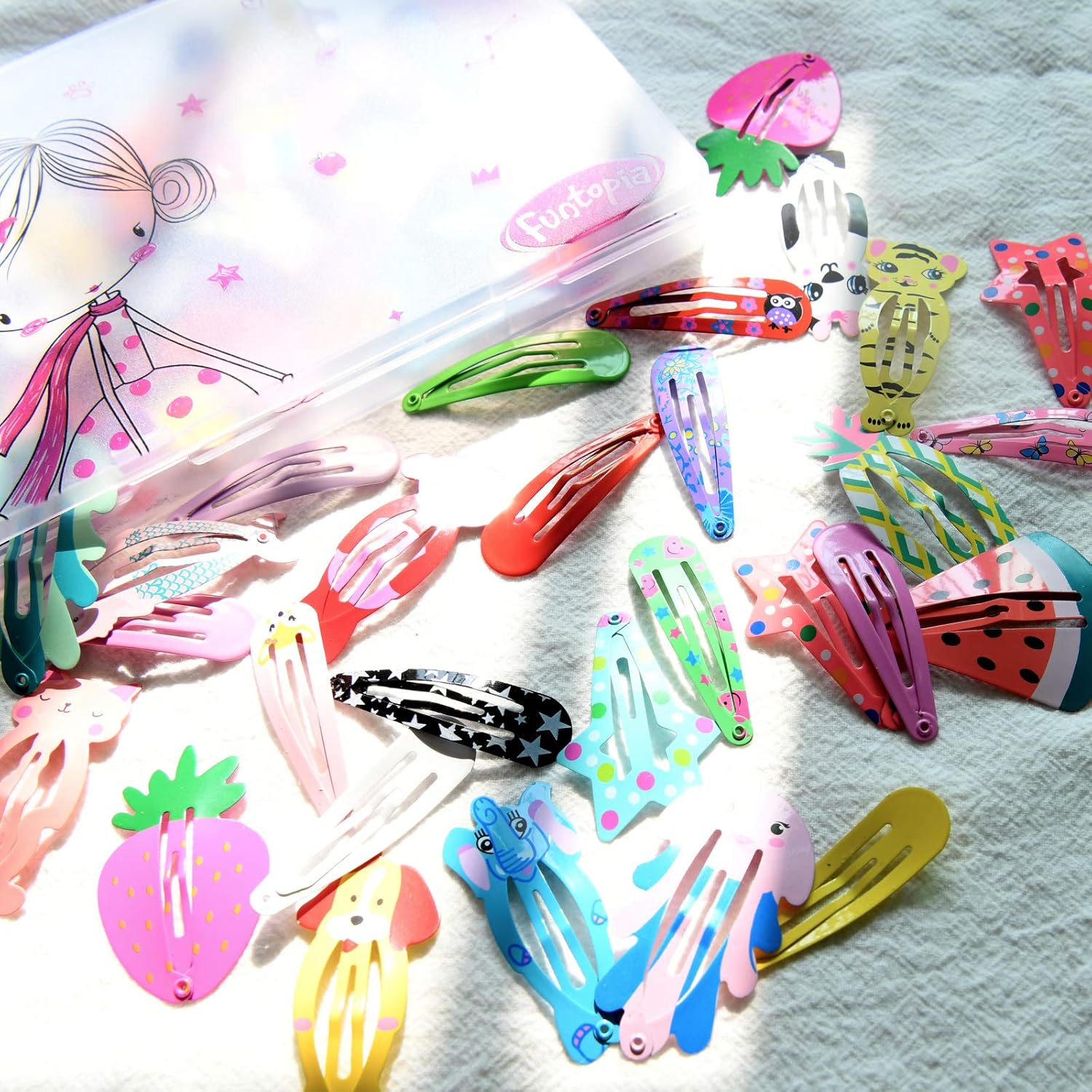 Hair Clips For Girls,100 Pcs No Slip Metal Snap, Barrettes For Kids Teens Women, Cute Candy Color Cartoon Design Hair Pins Animals Fruits Crowns Stars