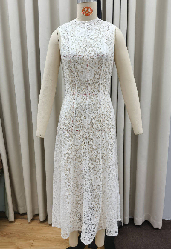 Half Turtleneck Sleeveless Lace High Waist Slim Fit Dress European And American