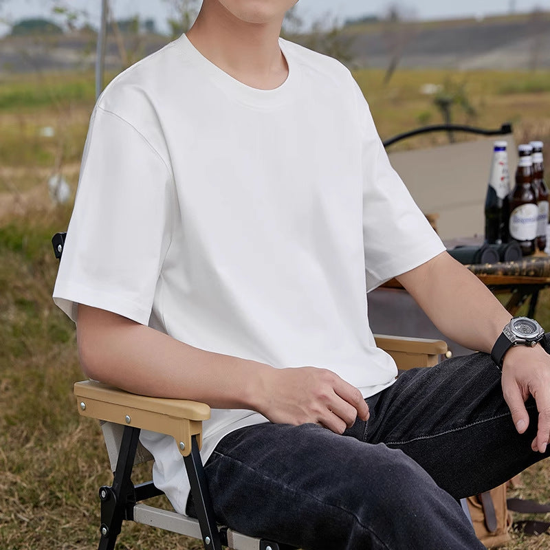 Pure Cotton Short-Sleeve T-Shirt for Men, Summer Loose Half-Sleeve Solid Color Everyday Retro Casual Base Shirt, Fashionable Style