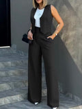 Pants Sets Women Vest Trousers Suit Elegant Baggy Regular Work Suit Seeveless High Waist Wide Leg Pants 2 Piece Sets Streetwear