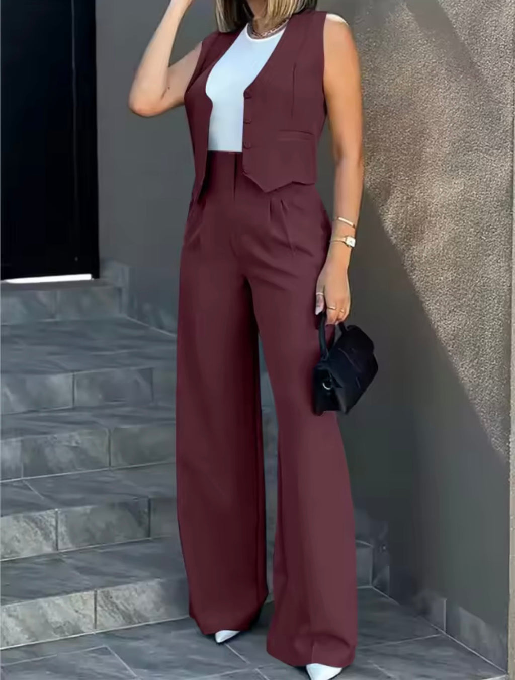 Pants Sets Women Vest Trousers Suit Elegant Baggy Regular Work Suit Seeveless High Waist Wide Leg Pants 2 Piece Sets Streetwear