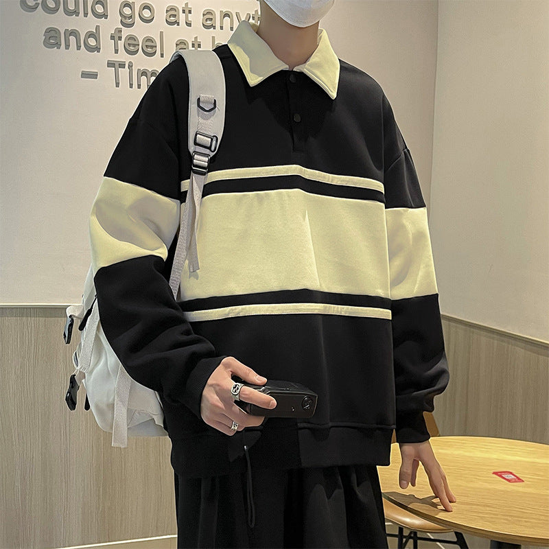 Retro Color Block Sweatshirt Unisex Loose Polo Shirt