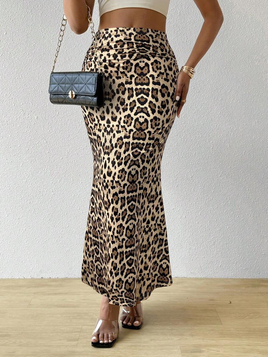 Zebra Print High Waist Fishtail Denim Skirt