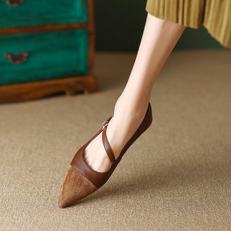 Retro Pointed Toe Flats for Women Soft Leather One-Word Buckle