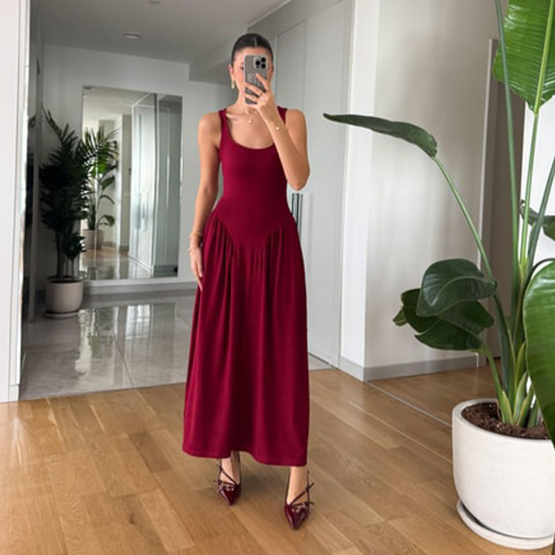 Women's Square Collar Sexy Sleeveless Pleated Temperament Slim Dress