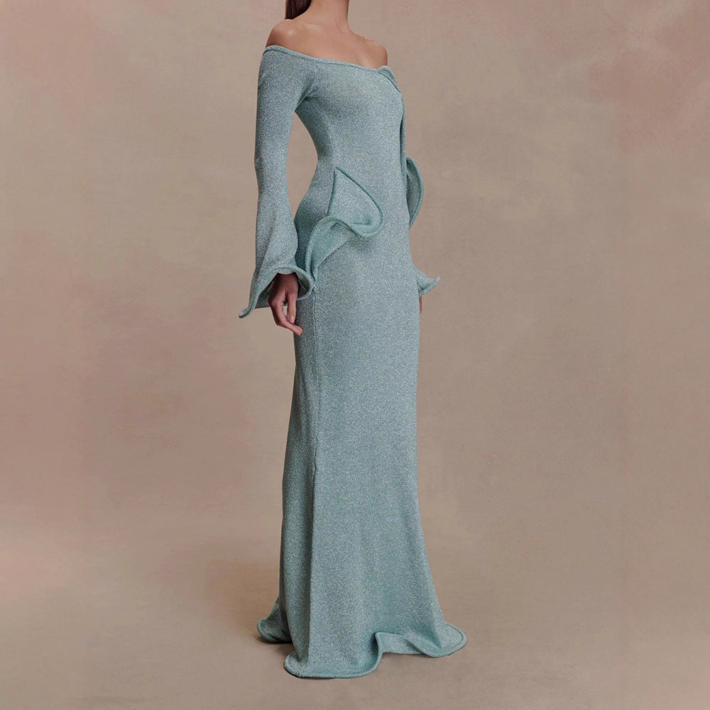 Off-Shoulder Fishtail Dress with Bell Sleeves