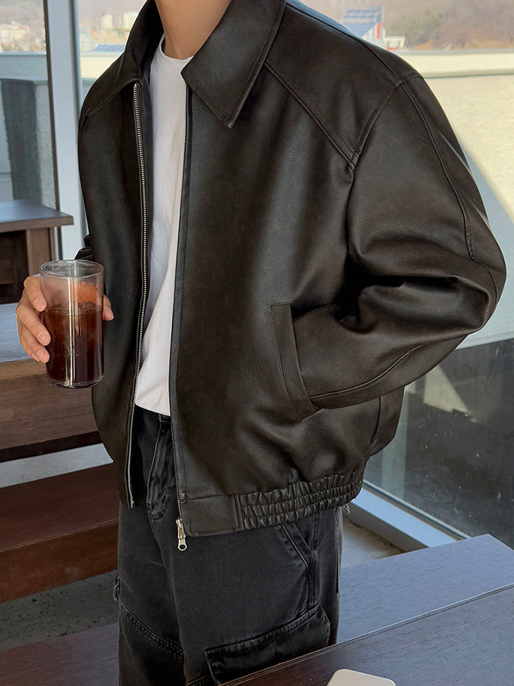 Retro PU Leather Jacket Men Casual Lapel Coat