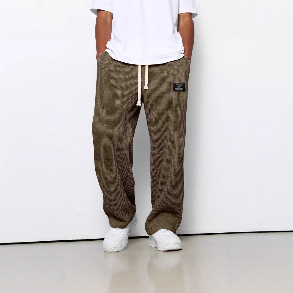 Waffle Straight Pants Fashion Brand Loose Loose  Drawstring Pockets Trousers Casual Men's Clothing
