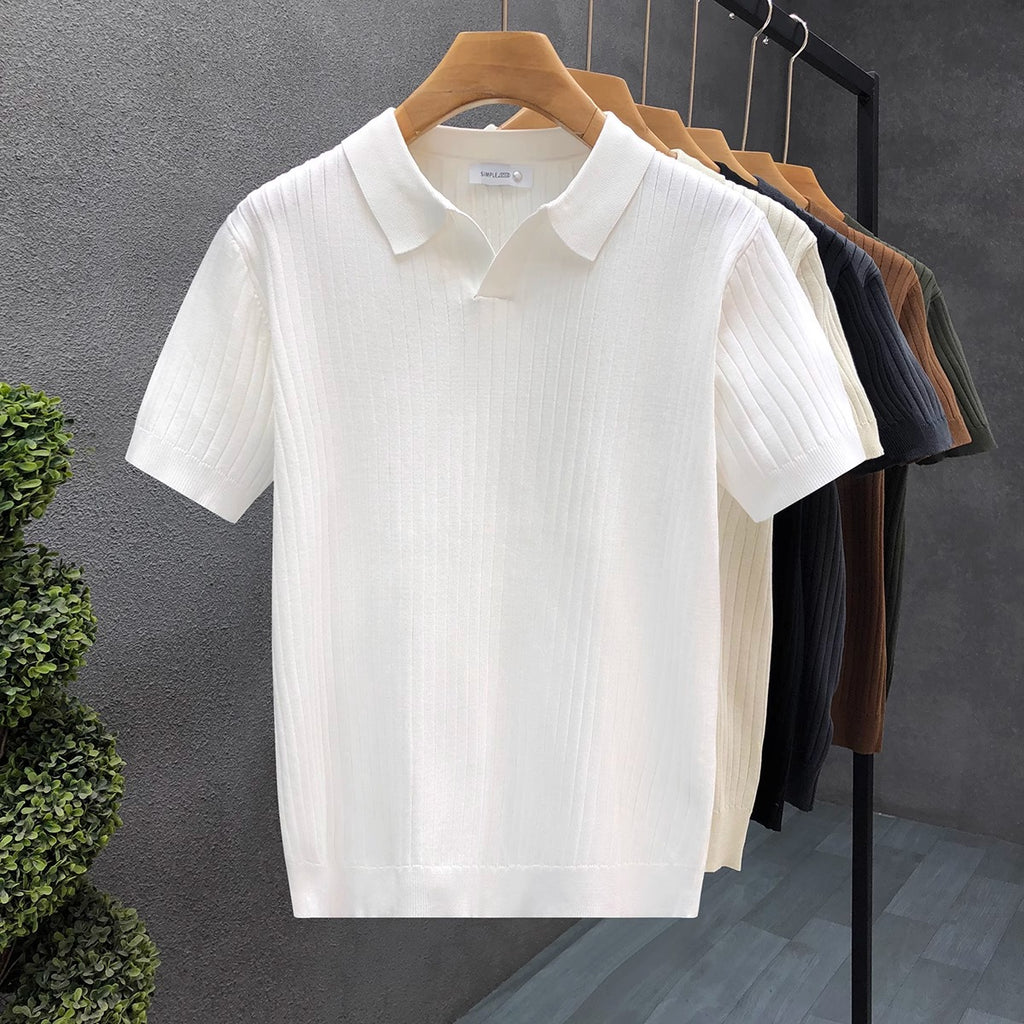 Mens Striped V-Neck Polo Shirt