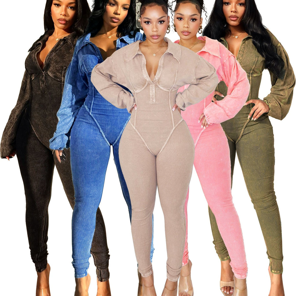 Women's Clothing Washed and Distressed Sexy Deep V Tight Long-Sleeved Autumn and Winter Jumpsuit