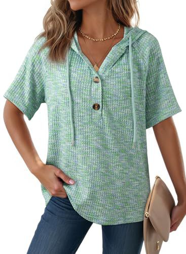 Womens Waffle-Weave Buttoned V-Neck Hoodie With Drawstring