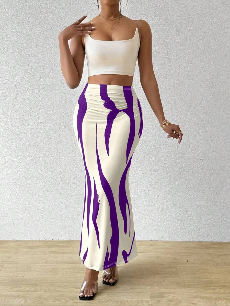 Zebra Print High Waist Fishtail Denim Skirt