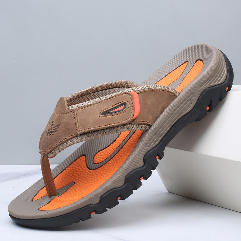 Mens Genuine Leather Flip Flops Thick Sole Sandals