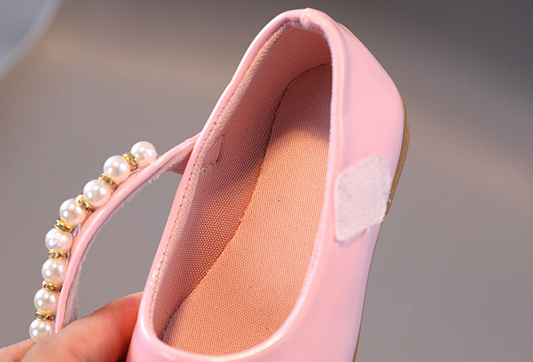 Girls' Leather Shoes Pearl Buckle Soft Bottom