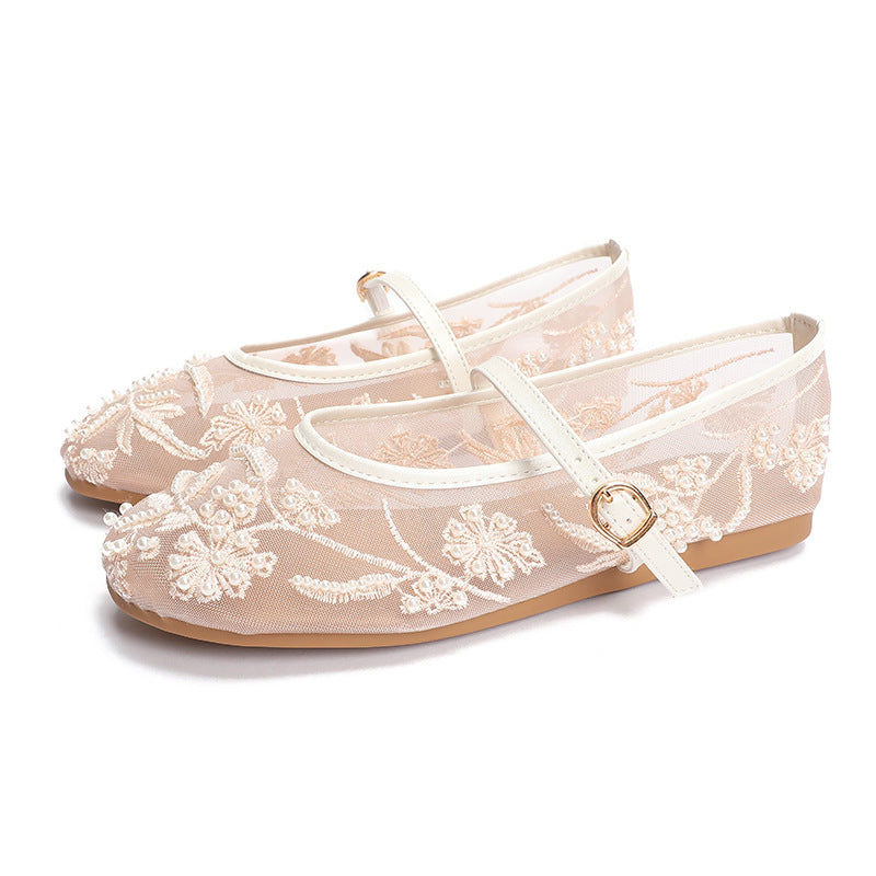 Embroidered Pearl Mesh Ballet Flat Shoes
