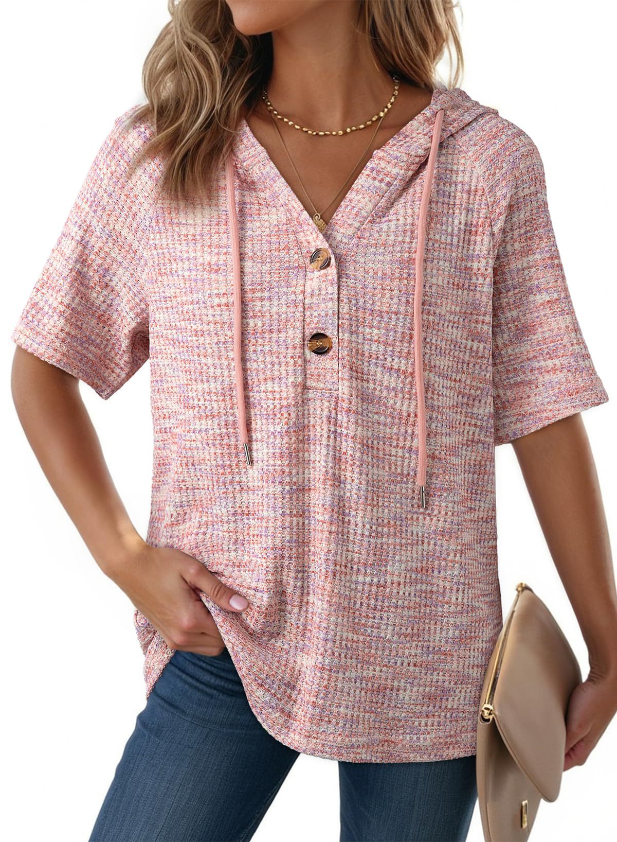 Womens Waffle-Weave Buttoned V-Neck Hoodie With Drawstring