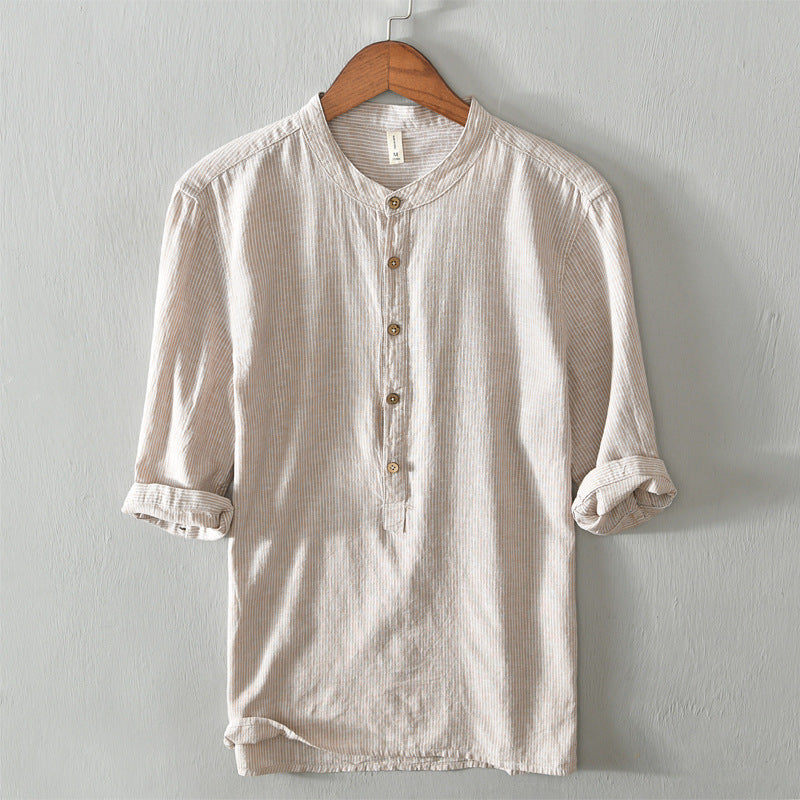 Mens Striped Linen Pullover Shirt