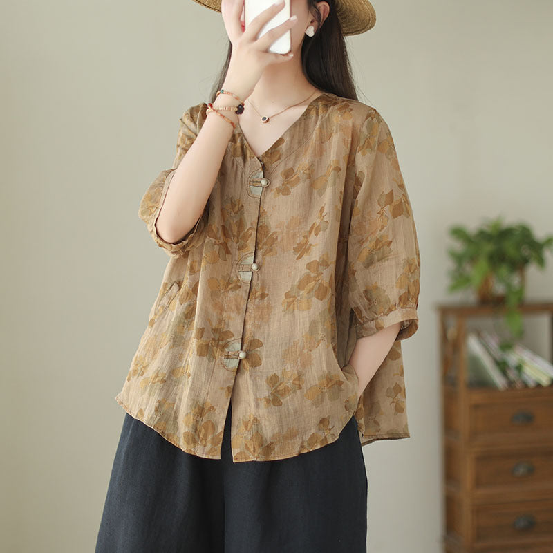 Women's Fashionable Simple Ramie Printed Shirt Top