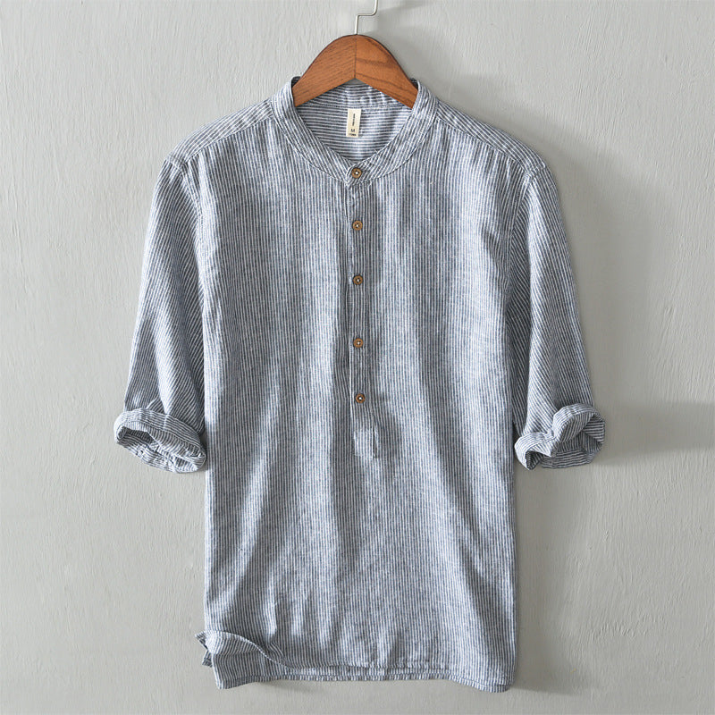 Mens Striped Linen Pullover Shirt