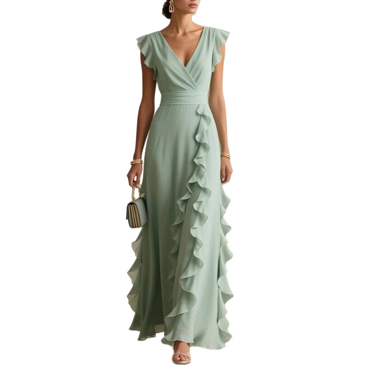 Solid Color Pleated Short Sleeves V-neck Dress