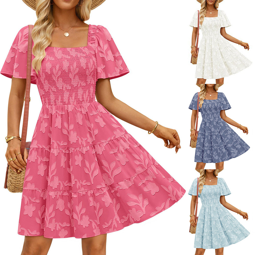 Short-sleeve Square-neck Flowy Floral Dress