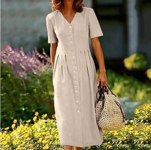 V-neck Shirt Dress With Short Sleeves For Women