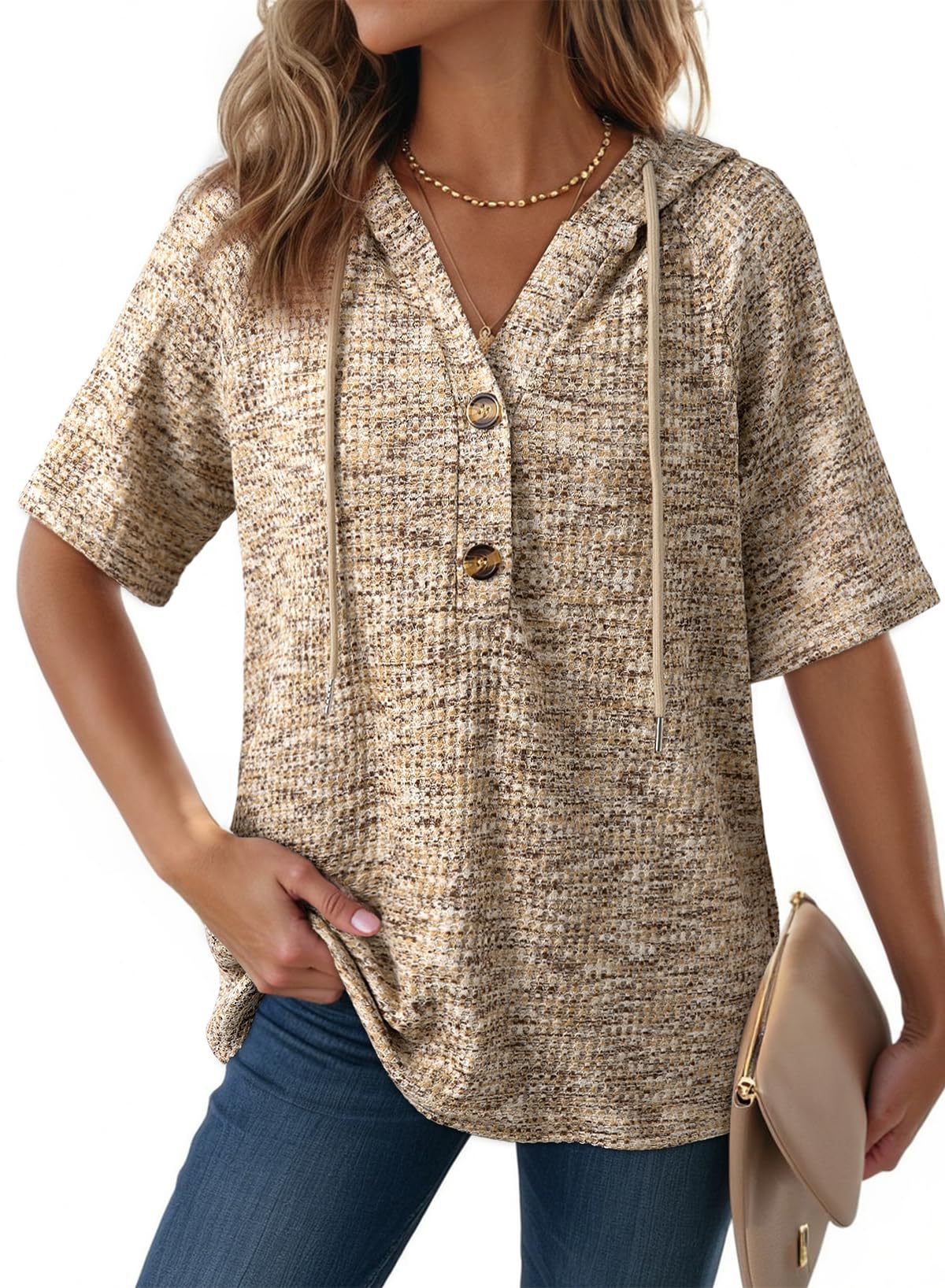 Womens Waffle-Weave Buttoned V-Neck Hoodie With Drawstring