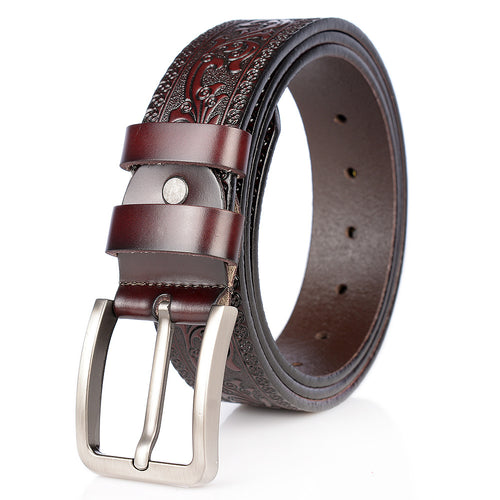 Carved Leather Belt for Men with Alloy Buckle