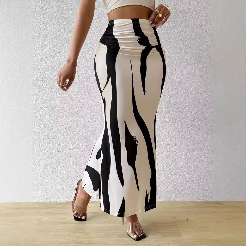 Zebra Print High Waist Fishtail Denim Skirt
