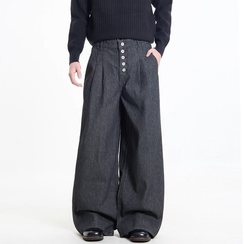 Retro Black Striped Pleated Button Jeans for Men