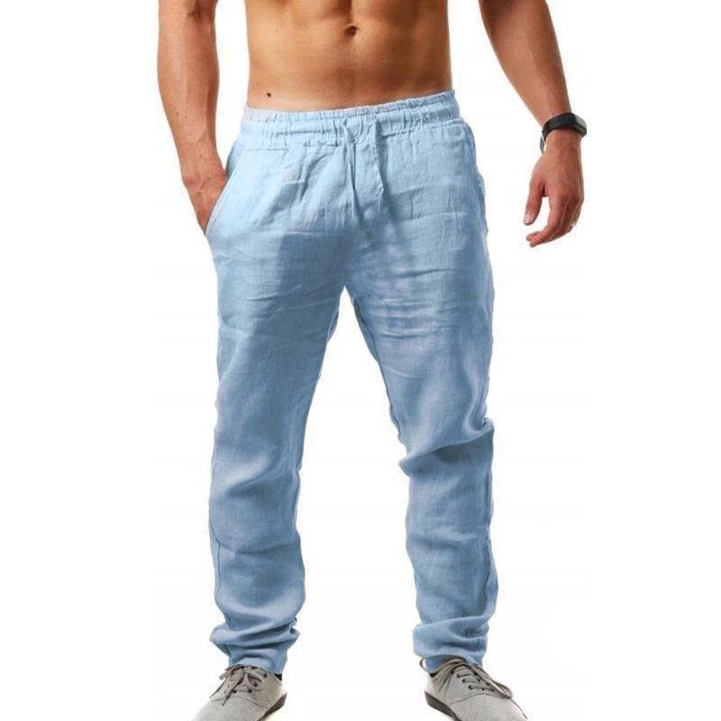 Mens Breathable Cotton Linen Casual Trousers