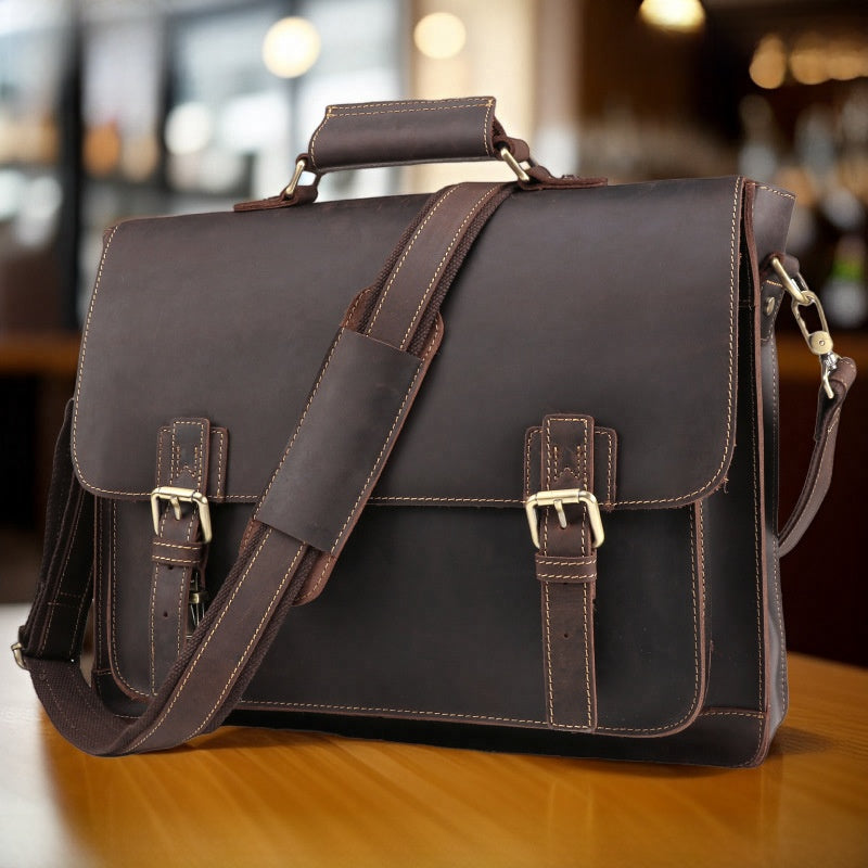 Retro Genuine Leather Briefcase for Men 17 Inch Business Handbag