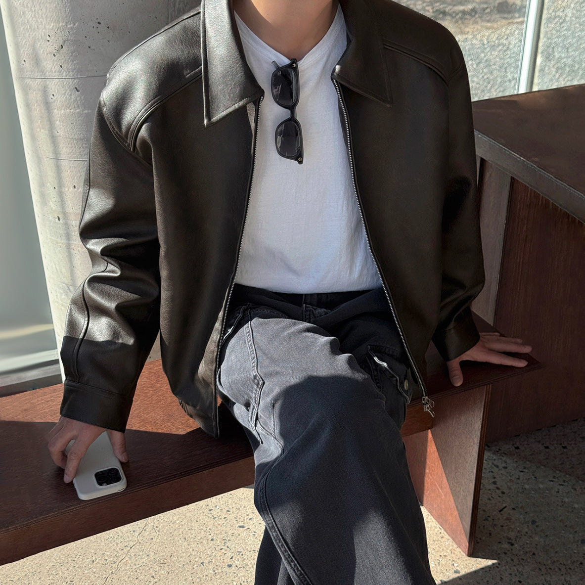Retro PU Leather Jacket Men Casual Lapel Coat