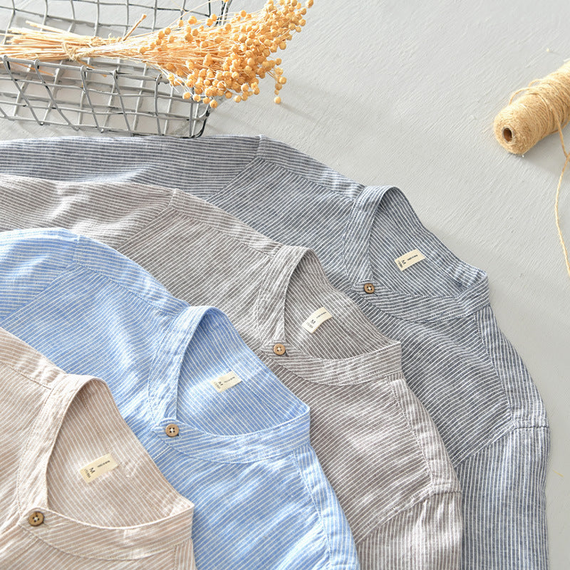 Mens Striped Linen Pullover Shirt