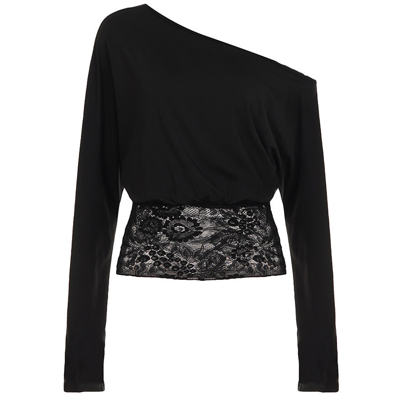 Elegant Off-Shoulder Lace Trim Slim Long Sleeve T-Shirt